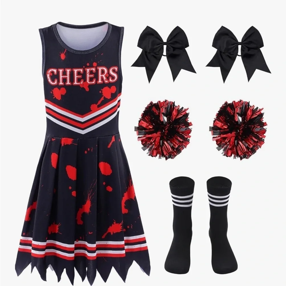 NWT Zombie Cheerleader Costume with Pom Poms, socks and 2 Bows size 8